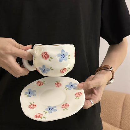 300ML Hand Painted Coffee Mug with Saucer Ceramic Handmade Tea Cup Saucer Set Lovely Gift Irregular Coffee Mug