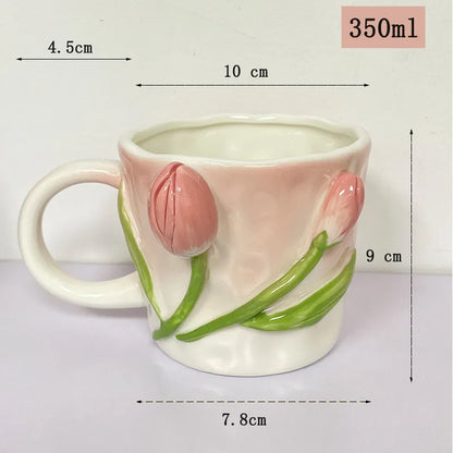 Creative Pink Cub Relief Tulip Flower Ceramic Coffee Cup Girl Gift Flower Mug Office Teacup Breakfast Milk Mug Home Decoration