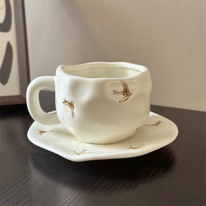 300ML Hand Painted Coffee Mug with Saucer Ceramic Handmade Tea Cup Saucer Set Lovely Gift Irregular Coffee Mug