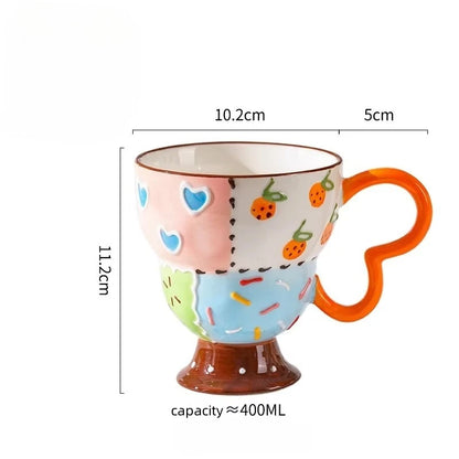 Cute Ceramic Mug Hand Painted Relief Coffee Cup Elegant Chic Mug Milk Oatmeal Matcha Water Cup Kitchen Accessory Drinkware Gift